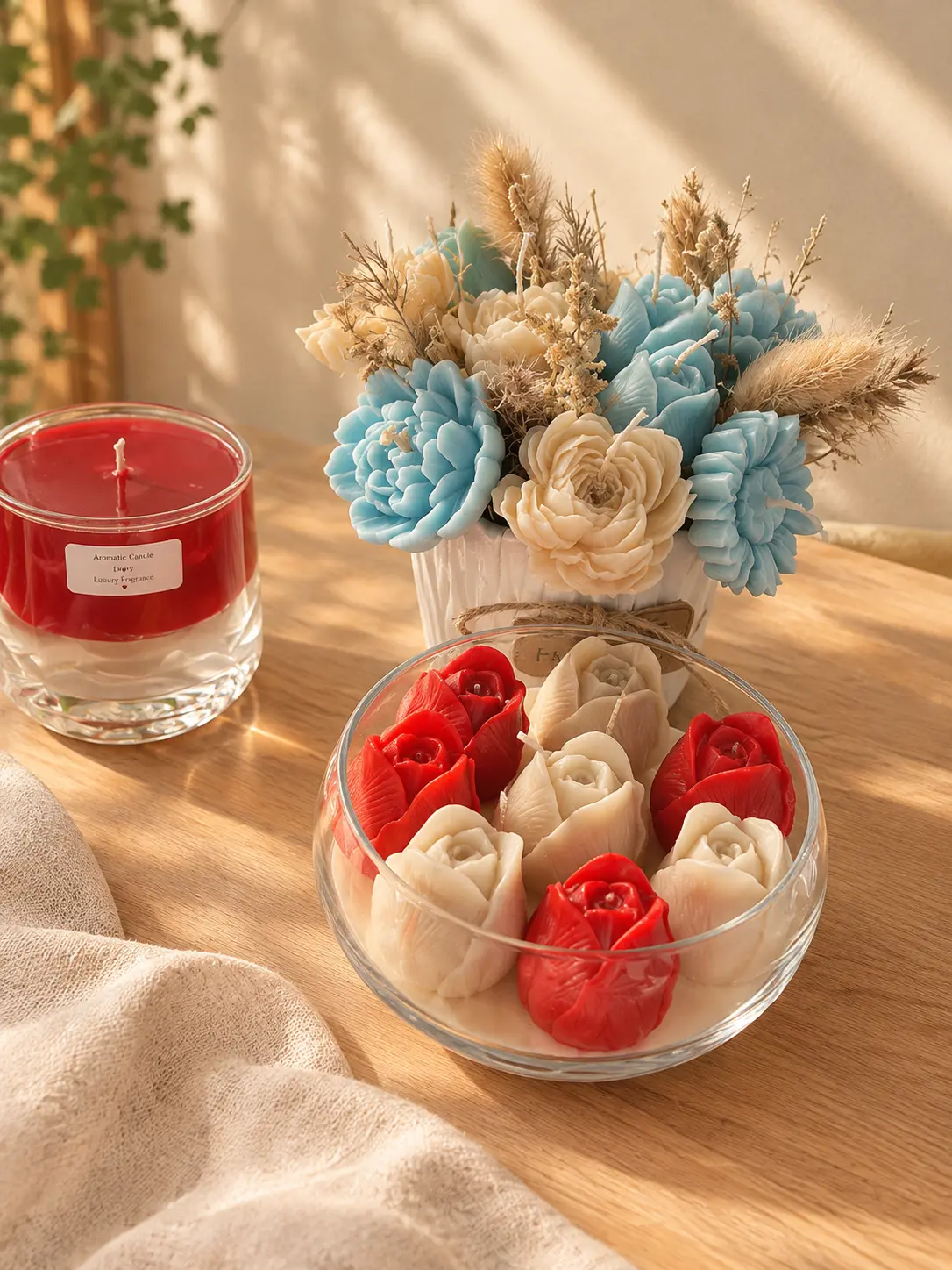 White pot of blue and cream wax flower candles with dried grasses, beside a bowl of red and white rose candles