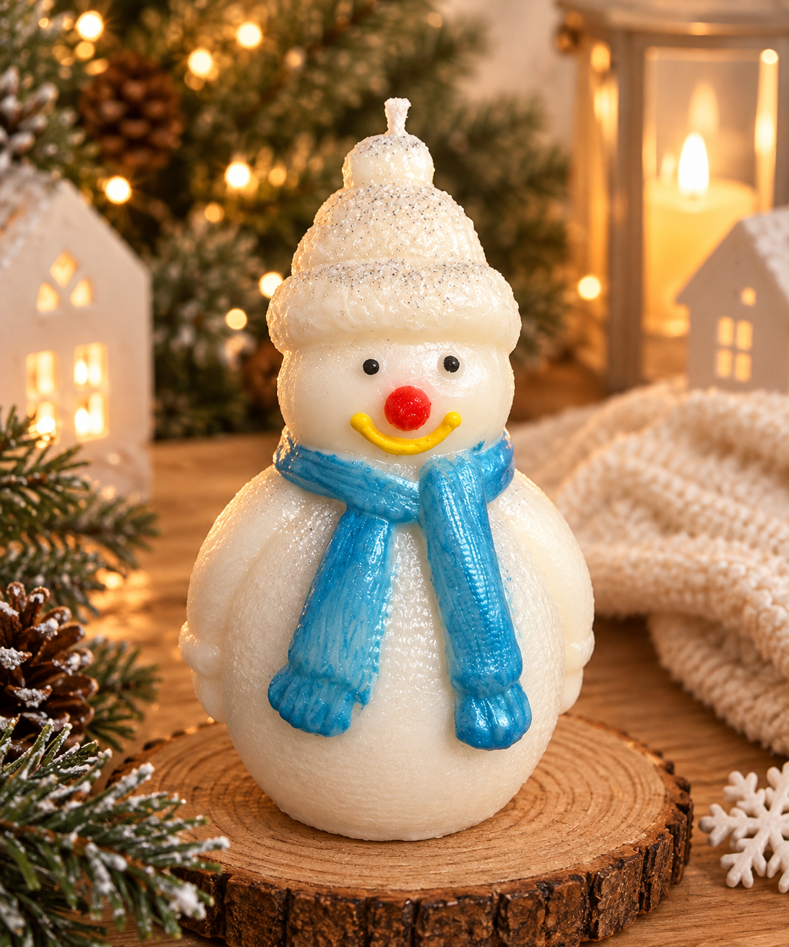 White sparkly snowman candle with a blue scarf and knitted hat on a wooden slice