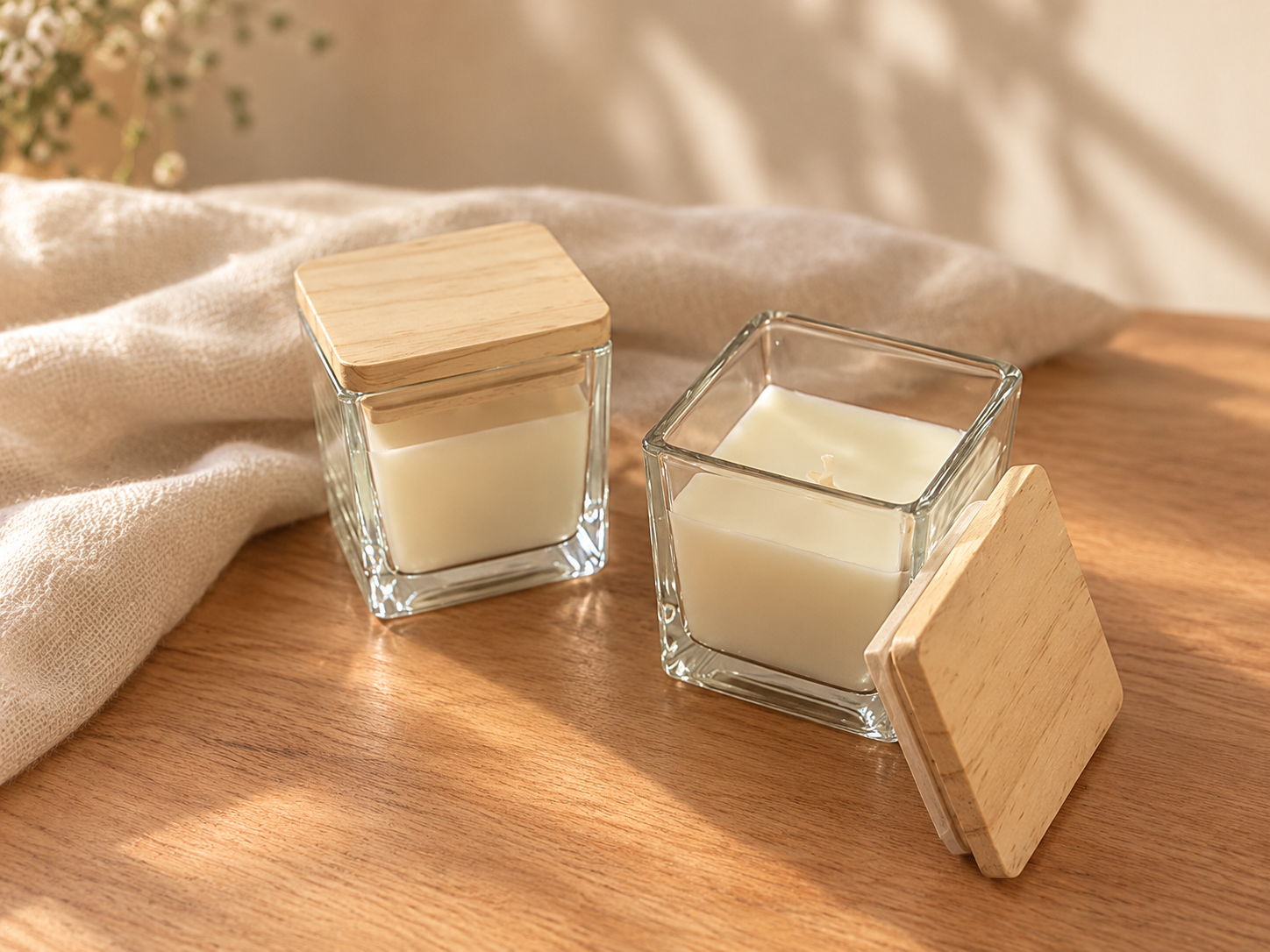 Two cream candles in square glass jars with wooden lids