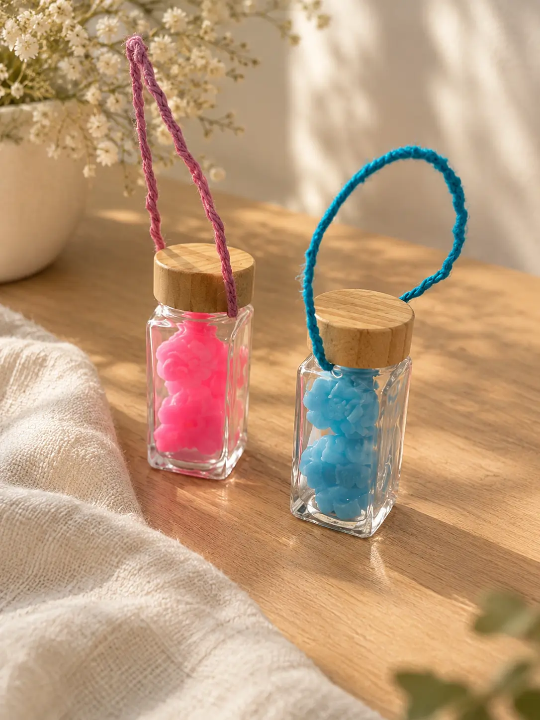 Two small glass jars with pink and blue wax flowers and braided cords