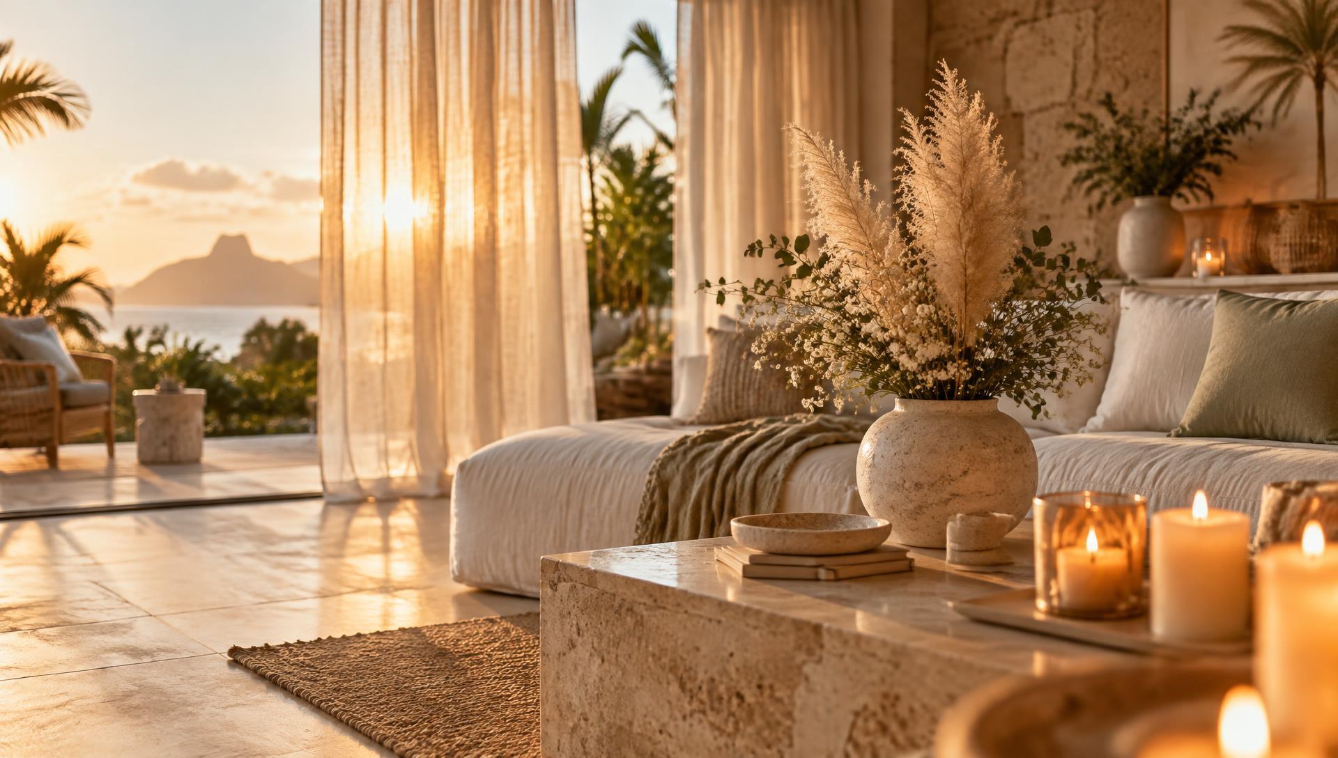Sunlit living room in Mauritius with glowing candles, linen curtains and dried flowers